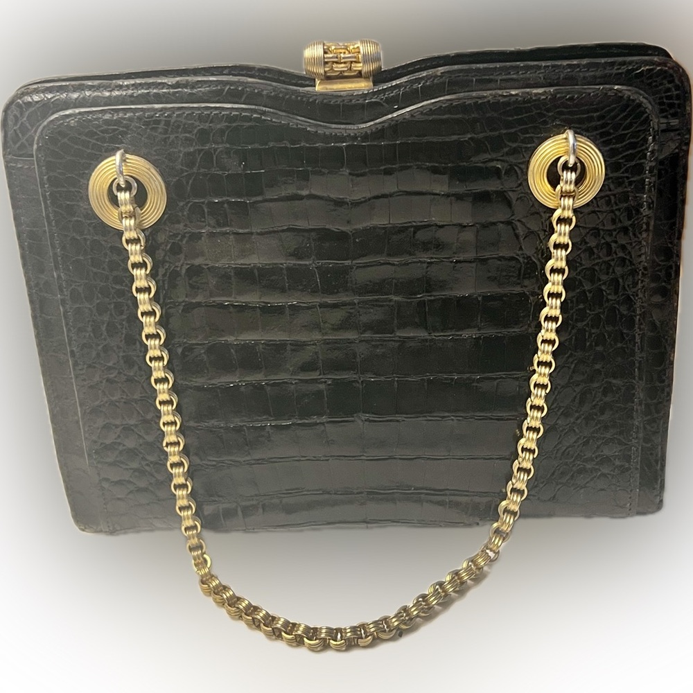 Mark Cross Alligator Vintage Handbag W/ Elegant Gold Chain Shoulder Strap - Picture 9 of 16